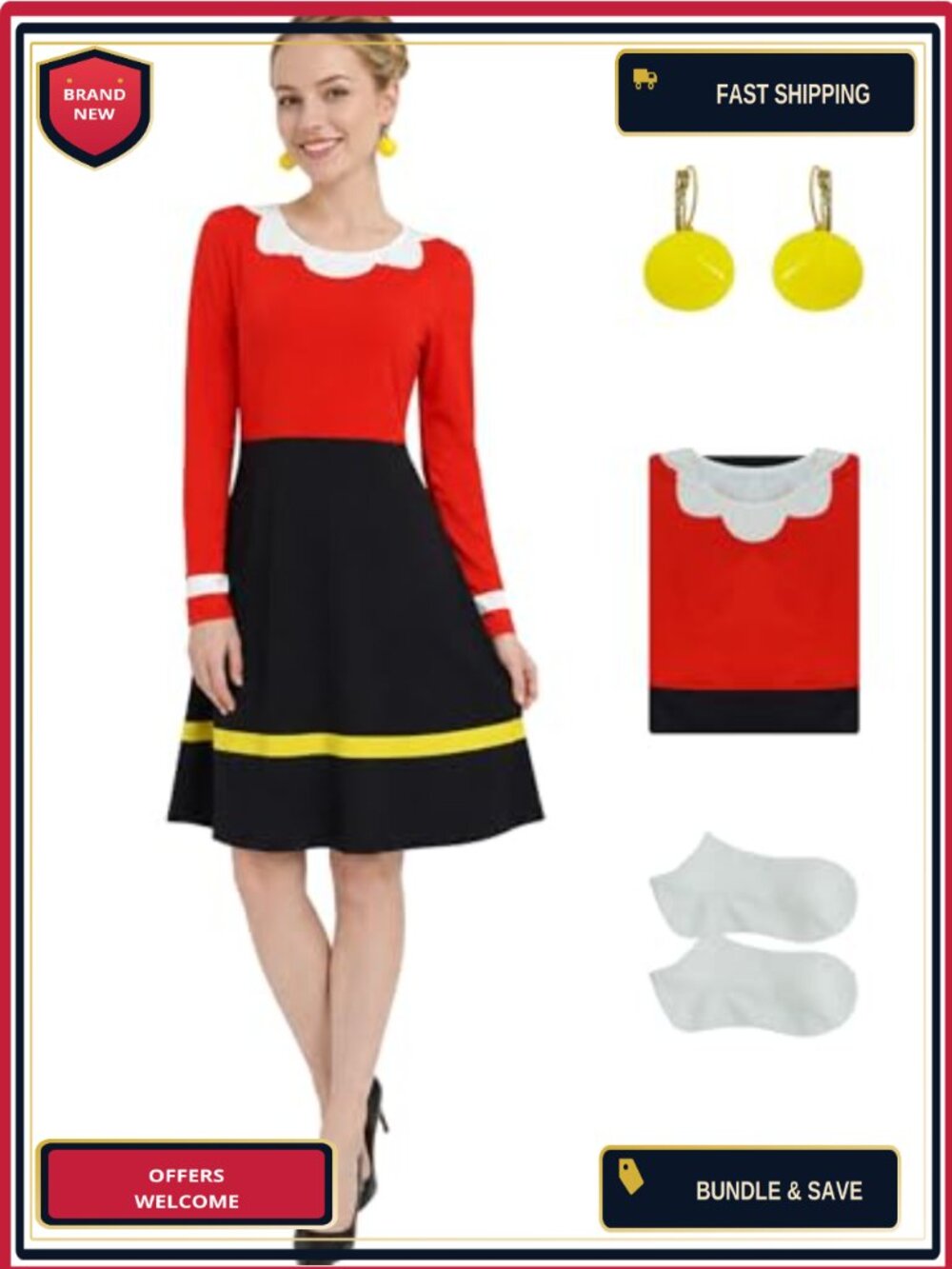 Olivia Costume Set Dress Earrings Socks Long Sleeve Halloween Cosplay